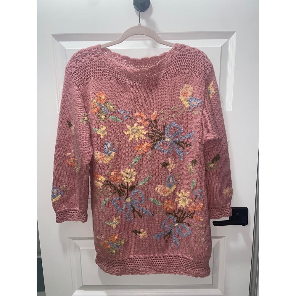 Melbourne Elements Hand Knit Floral Sweater Pink Crochet Trim Ramie Cotton Small - Picture 1 of 6